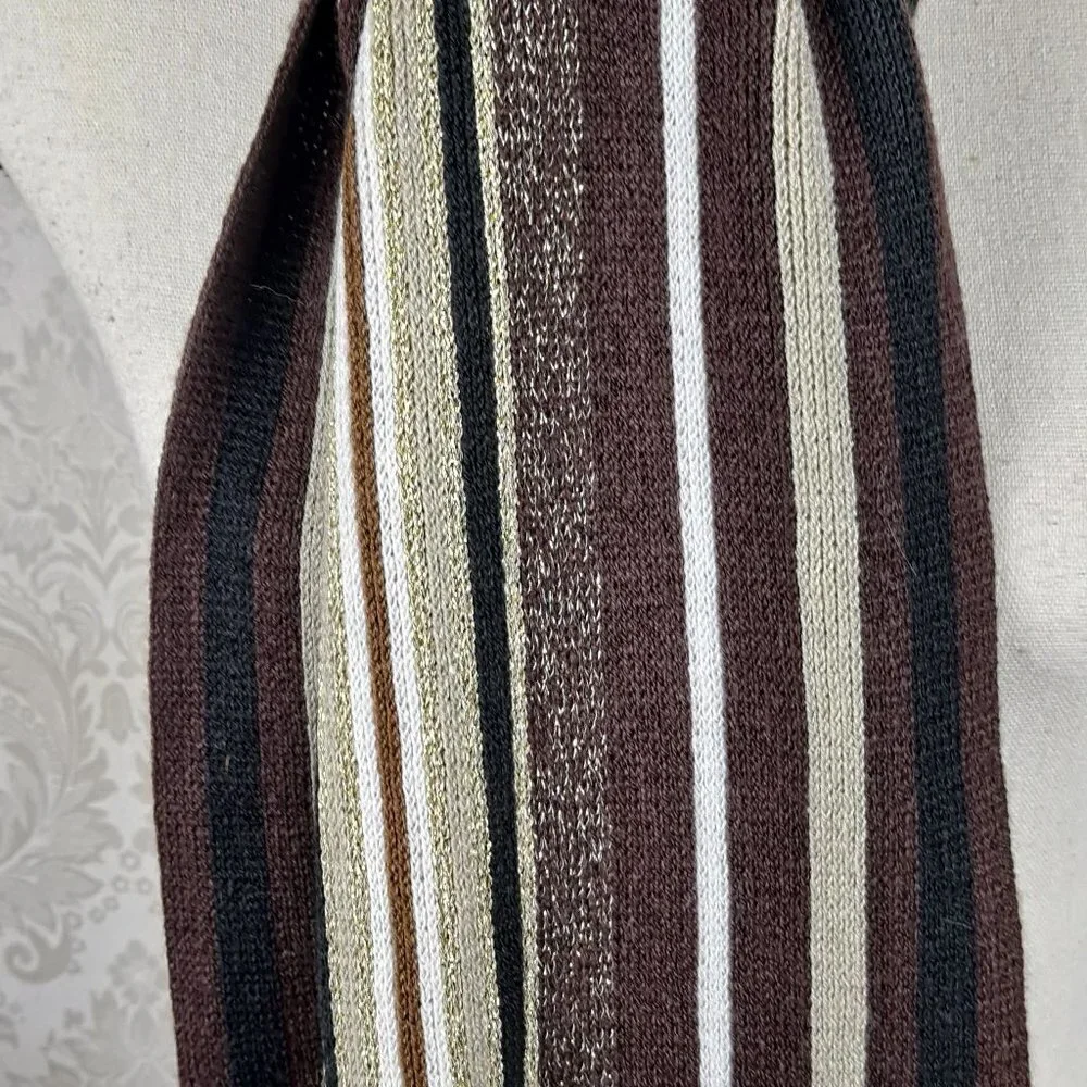Knit Scarf Chocolate Brown/Cream/Black/Metallic Gold Stripes Fringed EUC